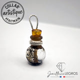 Bijou Pendentif Fiole avec champignon bouchon d'ambre Résine et Argent 925 joaillerie legros bijouterie