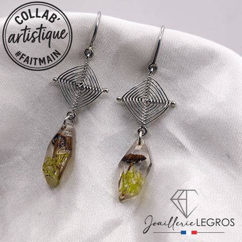 Bijou Boucles d'oreilles Champignon Lichen Résine Epoxy et Argent 925 joaillerie legros bijouterie