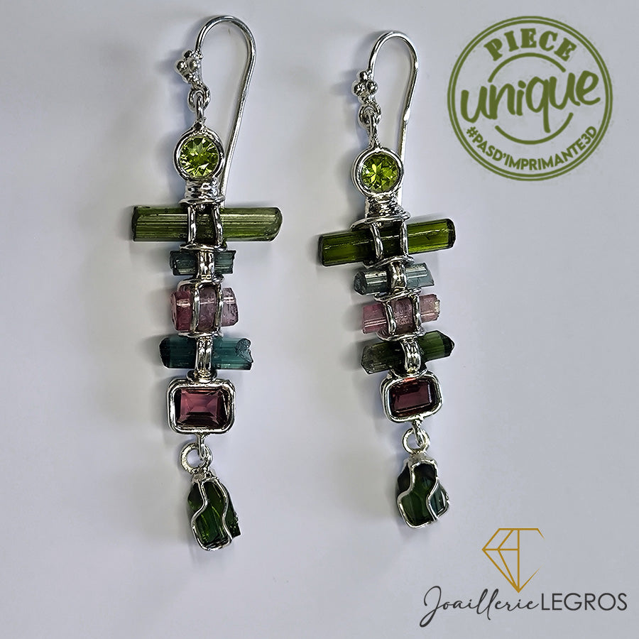 Bijou Boucles d'oreilles pendantes pierres naturelles bijoux Tourmaline Grenat Péridot Argent joaillerie legros bijouterie
