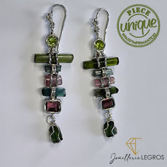 Bijou Boucles d'oreilles pendantes pierres naturelles bijoux Tourmaline Grenat Péridot Argent joaillerie legros bijouterie