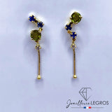 Bijou Boucles d’Oreilles Saphir en Or Jaune 18 Carats Saphirs Bleus, Saphirs Verts et Diamants « Dualité Divine » joaillerie legros bijouterie