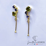 Bijou Boucles d’Oreilles Saphir en Or Jaune 18 Carats Saphirs Bleus, Saphirs Verts et Diamants « Dualité Divine » joaillerie legros bijouterie