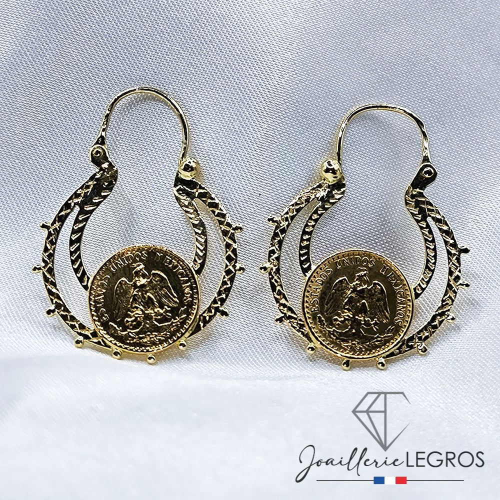 Bijou Boucles d’oreilles savoyardes en or jaune 18 carats et pièces Dos Pesos – Élégance et tradition joaillerie legros bijouterie