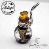 Bijou Pendentif Fiole avec champignon bouchon d'ambre Résine et Argent 925 joaillerie legros bijouterie