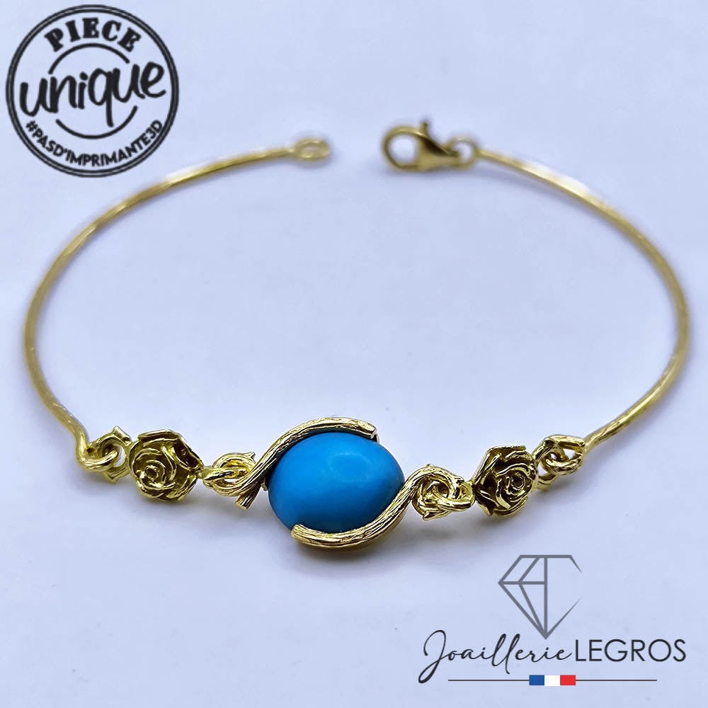 Bijou Bracelet Fleur en or 18 carats et turquoise ovale joaillerie legros bijouterie