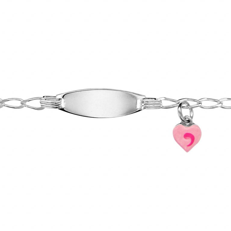 Bracelet identité argent plaque ovale avec motif cœur rose maille cheval 15 cm