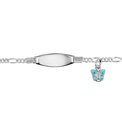Bracelet identité bébé plaque ovale avec papillon bleu en argent rhodié