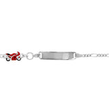 Bracelet identité enfant argent rhodié plaque droite motif moto course maille alternée 16 cm