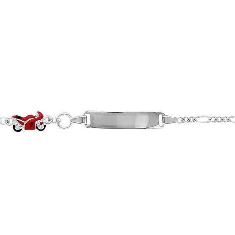Bracelet identité enfant argent rhodié plaque droite motif moto course maille alternée 16 cm