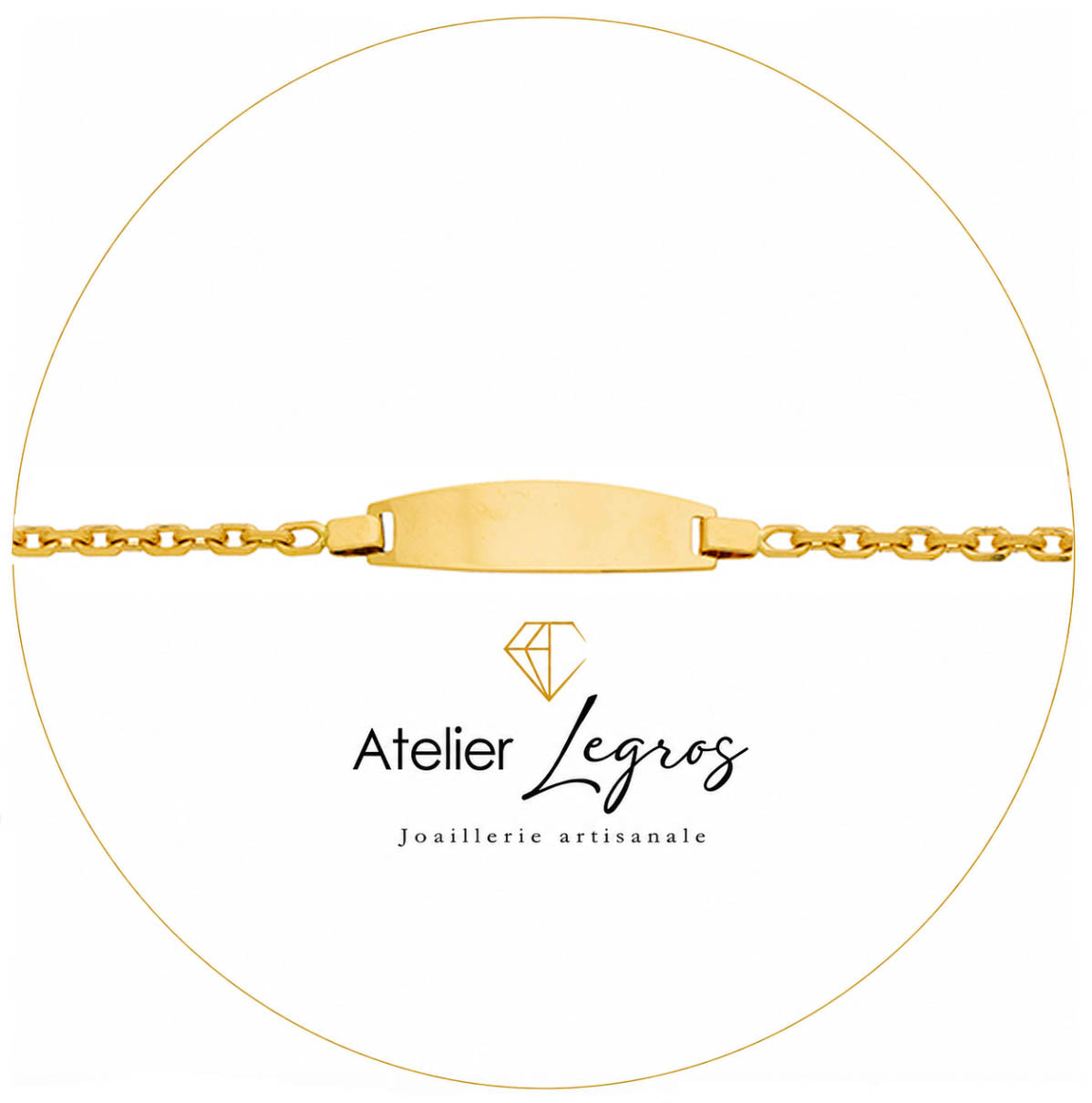 Bijou Gourmette bébé en or jaune 18 carats bracelet prénom plaque ovale maille forçat diamantée joaillerie legros bijouterie