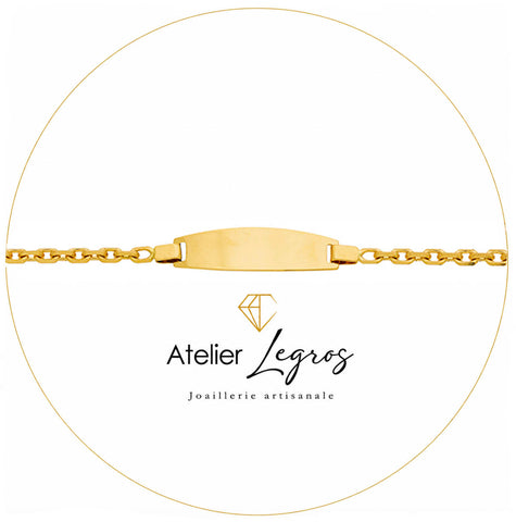 Bijou Gourmette bébé en or jaune 18 carats bracelet prénom plaque ovale maille forçat diamantée joaillerie legros bijouterie