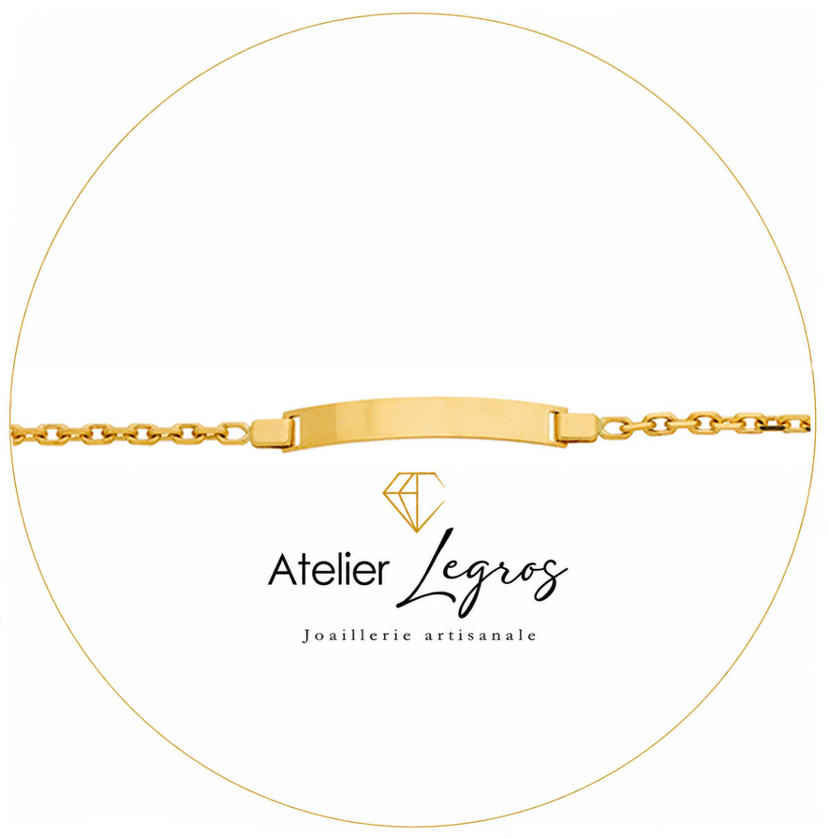 Bijou Gourmette bébé en or jaune 18 carats bracelet prénom maille forçat diamantée plaque rectangulaire 2,4 cm joaillerie legros bijouterie