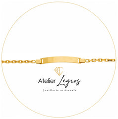 Bijou Gourmette bébé en or jaune 18 carats bracelet prénom maille forçat diamantée plaque rectangulaire 2,4 cm joaillerie legros bijouterie
