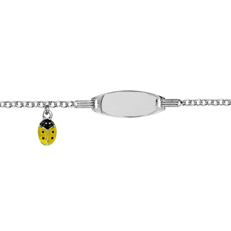 Bracelet prénom enfant en argent avec coccinelle jaune
