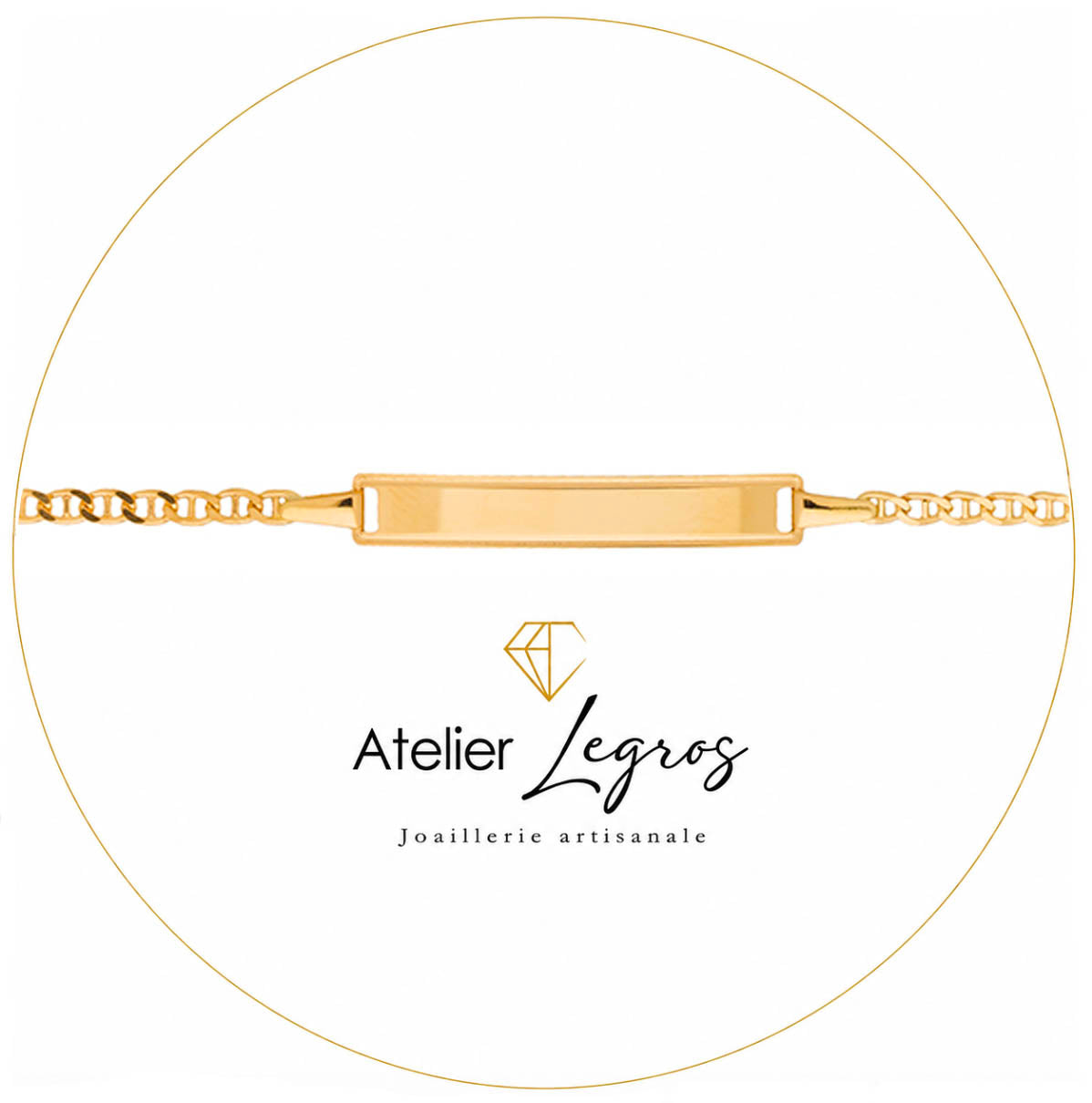 Bijou Gourmette bébé en or jaune 18 carats bracelet prénom personnalisé maille marine battue joaillerie legros bijouterie