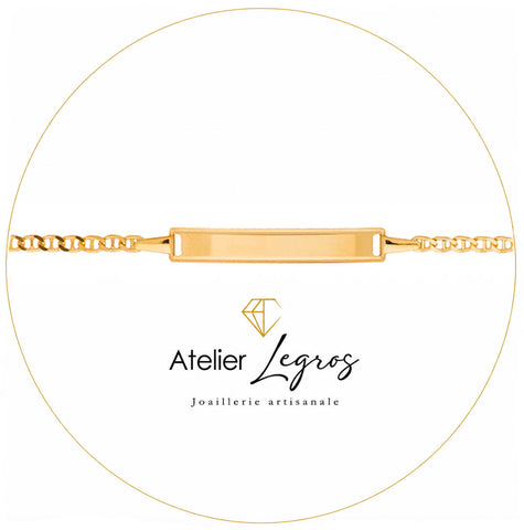 Gourmette bébé en or jaune 18 carats bracelet prénom personnalisé maille marine battue