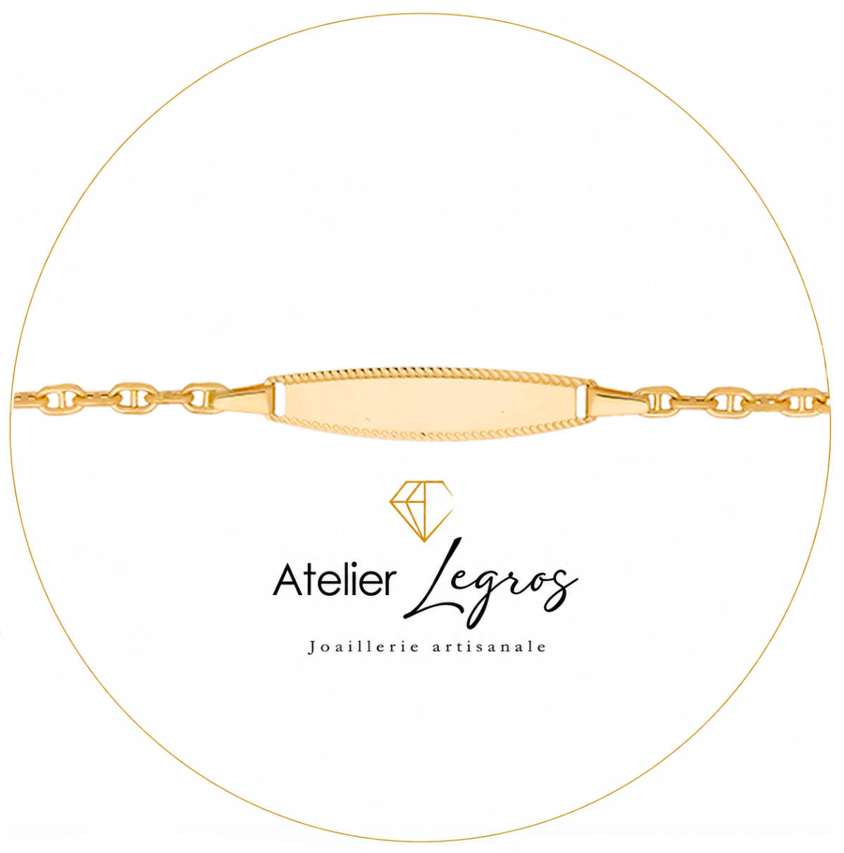 Bijou Gourmette bébé en or jaune 18 carats bracelet prénom plaque ovale diamantée maille marine battue joaillerie legros bijouterie