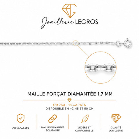 Chaîne maille forçat diamantée 1,7 mm - or gris 18 carats
