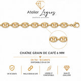 Bijou Grain de café chaîne maille creuse 6 mm or jaune 18 carats joaillerie legros bijouterie