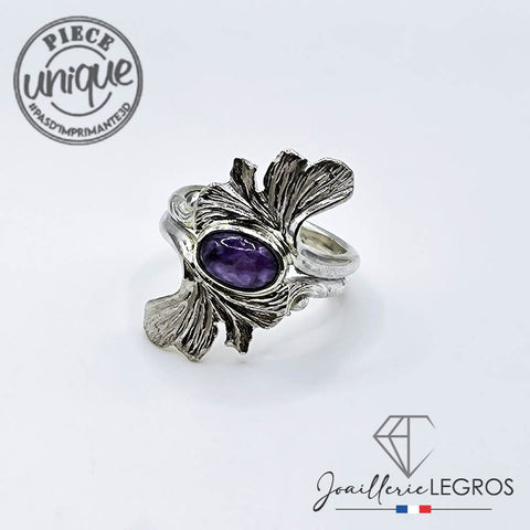 Bijou Bague Gingko en Argent 925 et Charoïte naturelle ovale joaillerie legros bijouterie