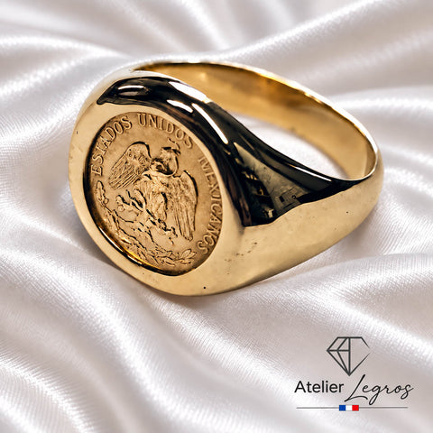 Bague pièce de Monnaie Mexique 2 pesos Or Chevalière Homme Femme