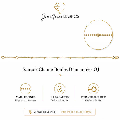 Bijou Sautoir chaîne boules diamantées en or jaune 18 carats 750/1000 70 cm joaillerie legros bijouterie