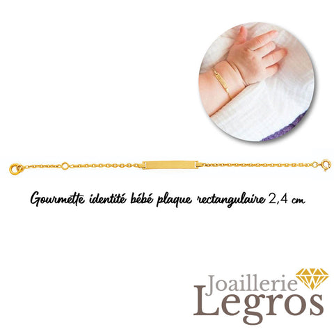 Bijou Bracelet gourmette identité plaque rectangulaire 2,4 cm pour bébé en or jaune 18 ct joaillerie legros bijouterie