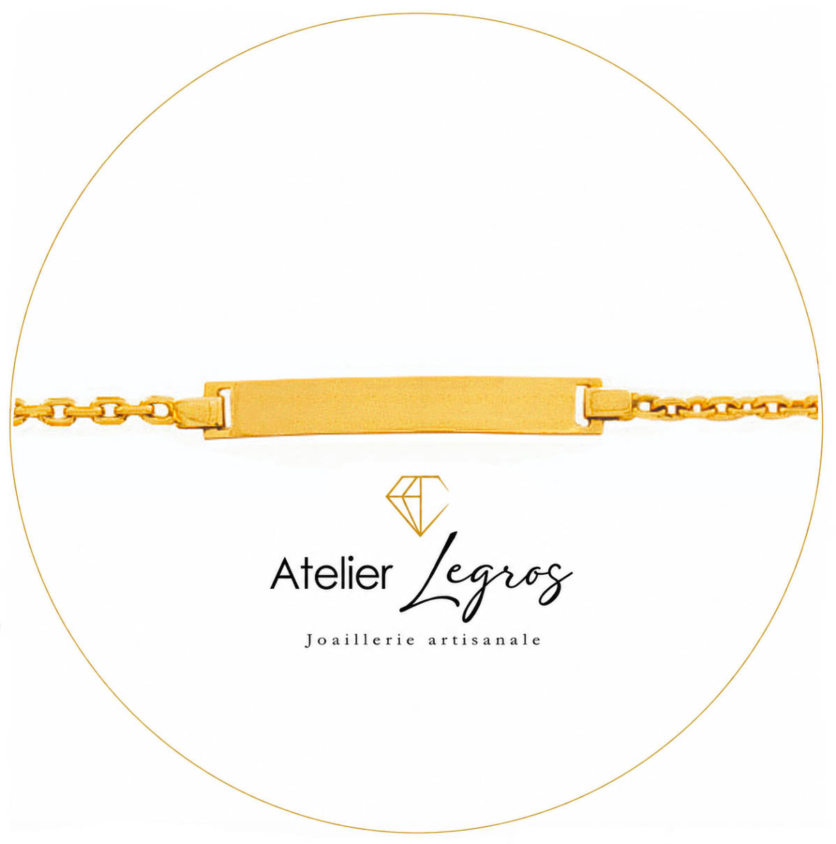 Bijou Gourmette bébé en or 18 carats bracelet prénom maille forçat plaque rectangulaire 2,4 cm joaillerie legros bijouterie
