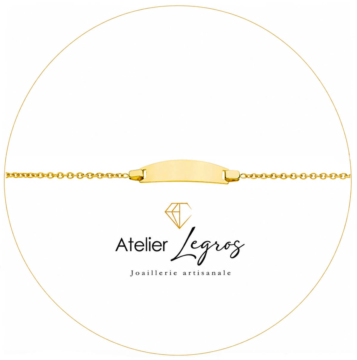 Bijou Gourmette bébé en or jaune 18 carats bracelet prénom maille forçat ronde plaque ovale joaillerie legros bijouterie