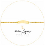 Gourmette bébé en or jaune 18 carats bracelet prénom maille forçat ronde plaque ovale