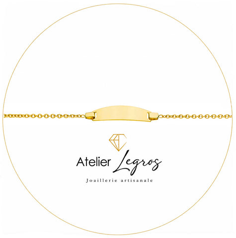 Gourmette bébé en or jaune 18 carats bracelet prénom maille forçat ronde plaque ovale