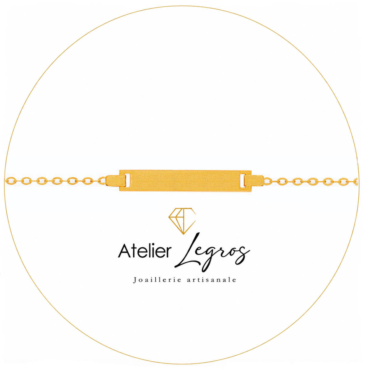 Bijou Gourmette bébé en or jaune 18 carats bracelet prénom maille forçat ronde plaque rectangulaire 2 cm joaillerie legros bijouterie