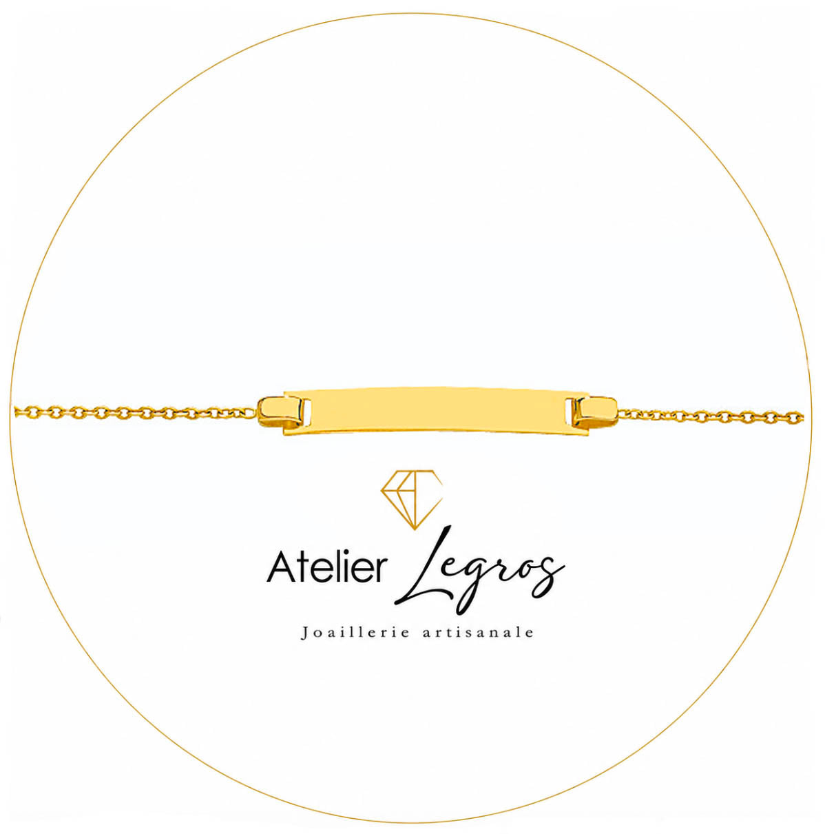 Bijou Gourmette bébé en or jaune 18 carats bracelet prénom maille forçat ronde plaque rectangulaire 14 cm joaillerie legros bijouterie