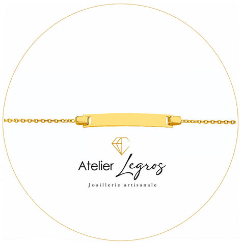 Bijou Gourmette bébé en or jaune 18 carats bracelet prénom maille forçat ronde plaque rectangulaire 14 cm joaillerie legros bijouterie