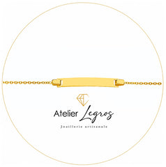 Bijou Gourmette bébé en or jaune 18 carats bracelet prénom maille forçat ronde plaque rectangulaire 14 cm joaillerie legros bijouterie