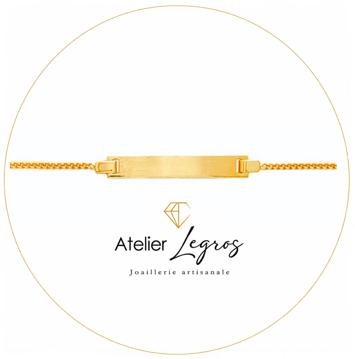 Bijou Gourmette personnalisée bébé bracelet prénom avec plaque rectangulaire 2 cm Or jaune 18 ct joaillerie legros bijouterie
