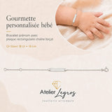 Bijou Gourmette personnalisée bébé bracelet prénom plaque rectangulaire chaîne forçat Or blanc 18 carats joaillerie legros bijouterie