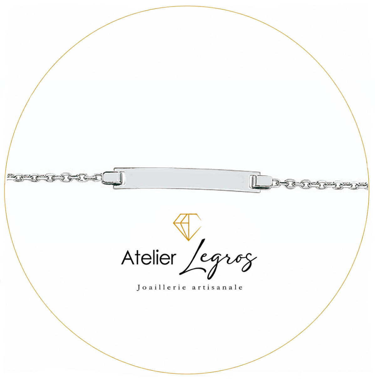 Bijou Gourmette personnalisée bébé bracelet prénom plaque rectangulaire chaîne forçat Or blanc 18 carats joaillerie legros bijouterie