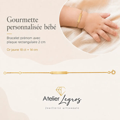 Gourmette personnalisée bébé bracelet prénom avec plaque rectangulaire 2 cm Or jaune 18 ct