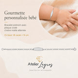 Bijou Gourmette personnalisée bébé bracelet prénom plaque ovale chaîne maille alternée Or blanc 18 carats joaillerie legros bijouterie