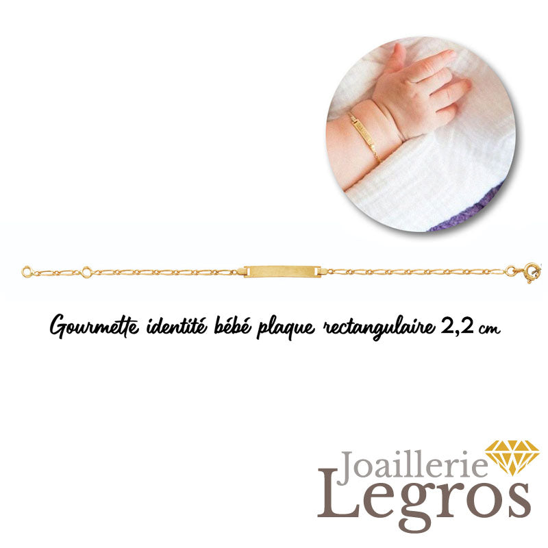 Bijou Bracelet gourmette identité plaque rectangulaire 2,2 cm maille figaro pour bébé en or jaune 18 ct joaillerie legros bijouterie