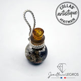 Bijou Pendentif Fiole avec champignon bouchon d'ambre Résine et Argent 925 joaillerie legros bijouterie