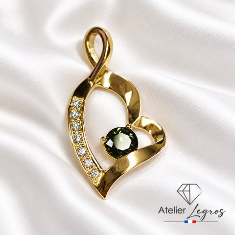Bijou Pendentif cœur en or jaune 18 carats, saphir vert & diamants joaillerie legros bijouterie