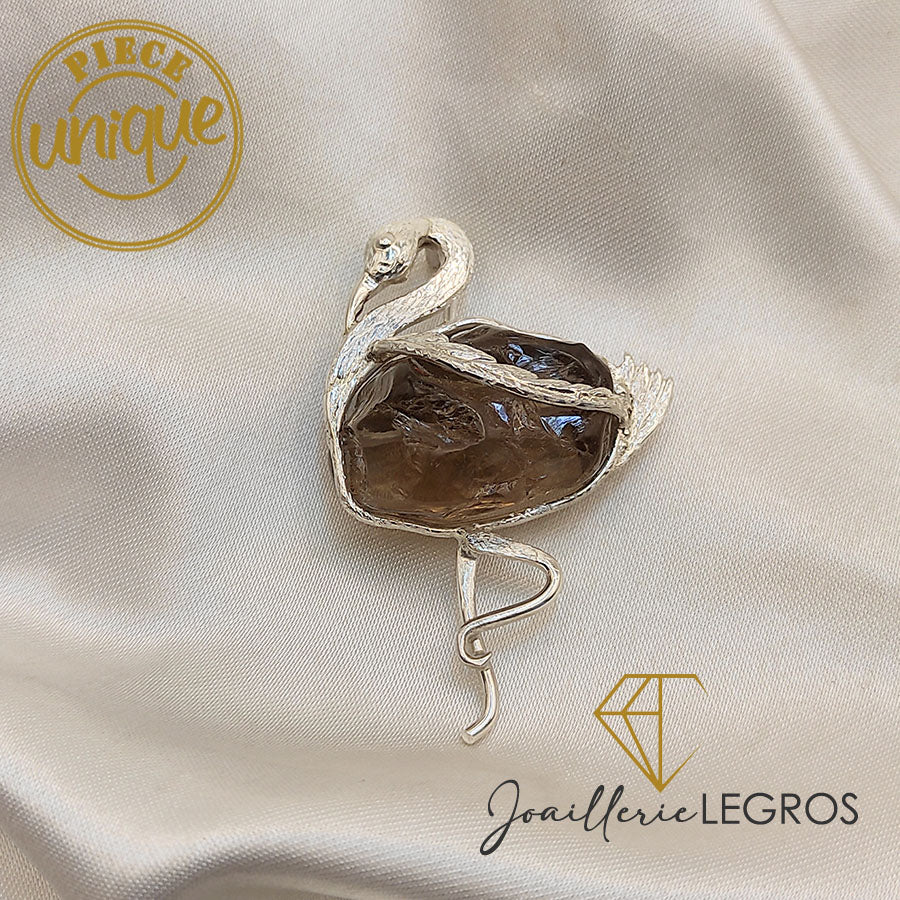 Bijou Pendentif Flamant rose en Argent Massif pierre semi précieuse Quartz fumé joaillerie legros bijouterie