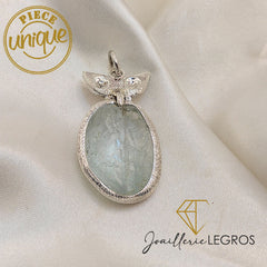 Bijou Pendentif Chouette Hibou en Argent Massif pierre semi précieuse Aigue Marine joaillerie legros bijouterie
