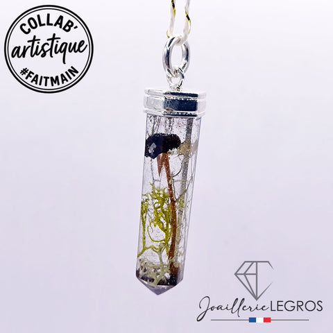 Bijou pendentif resine epoxy et argent 925 – Bijou artisanal champignon, nature & bohème joaillerie legros bijouterie