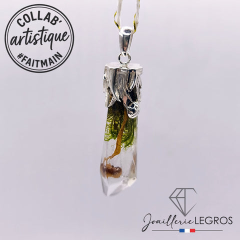 Bijou Pendentif pointe en résine Cristal druidique avec champignon en argent 925 joaillerie legros bijouterie
