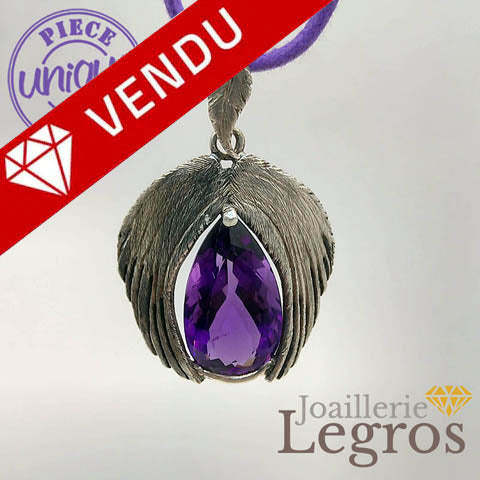 Pendentif Vintage En Forme De Plume - Argent Et Améthyste - Origine U.S.A. - Occasion