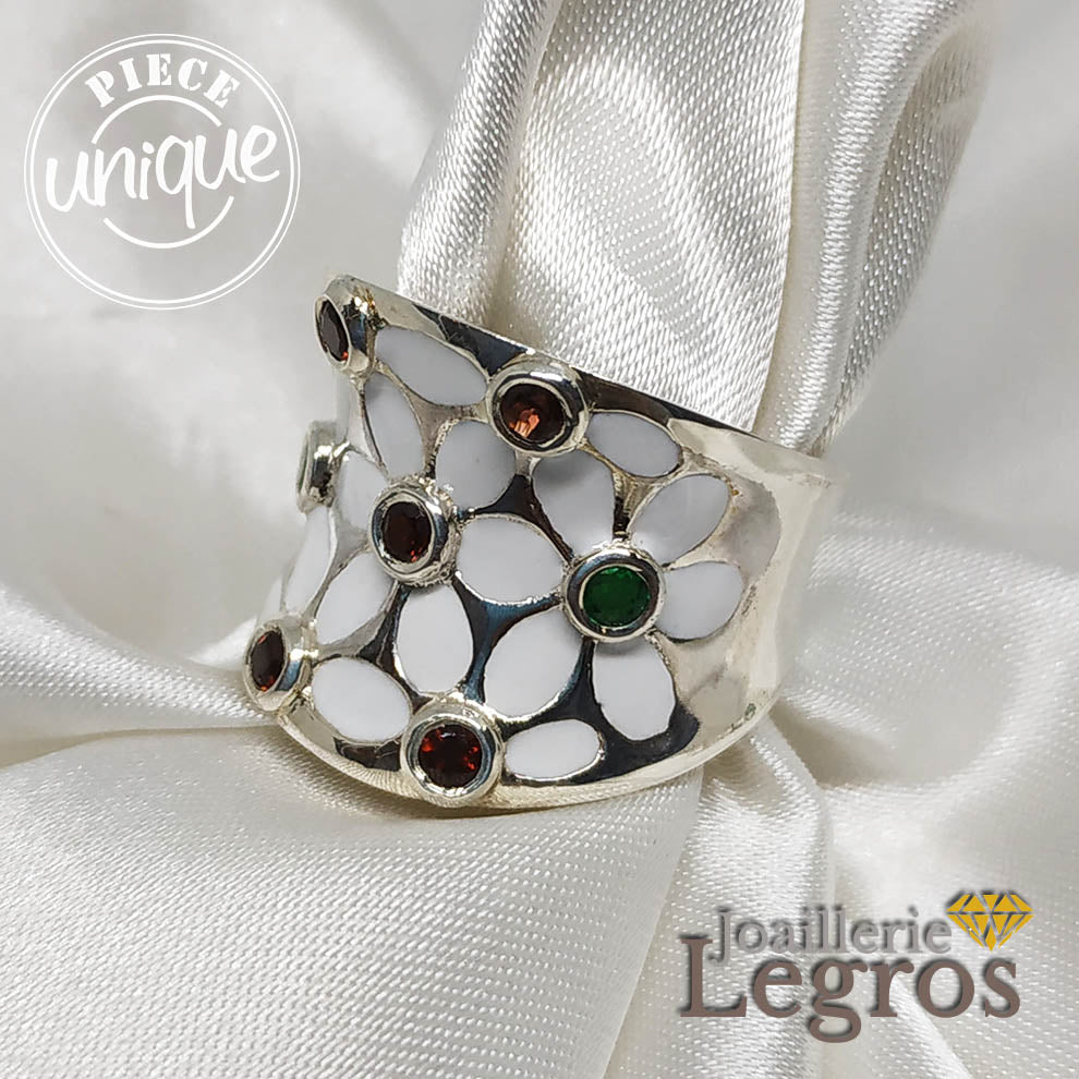 Bijou Bague Grenats Emeraudes Fleurs et Laque en Argent 925 joaillerie legros bijouterie