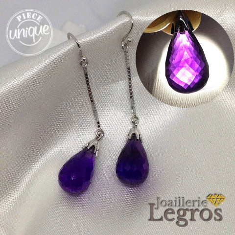 Bijou Boucles d'oreilles pampilles briolette améthystes or blanc joaillerie legros bijouterie